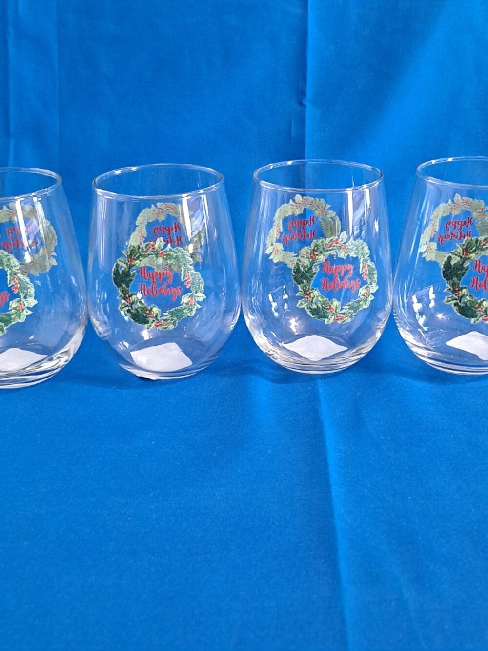 Set 4 Royal Norfolk HOLLY BERRY Stemless Wine GLASSES "Happy Holidays" Christmas